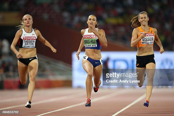 Brianne Theisen Eaton of Canada, Jessica Ennis-Hill of Great Britain and Nadine Visser of the Netherlands compete in the Women's Heptathlon 200...