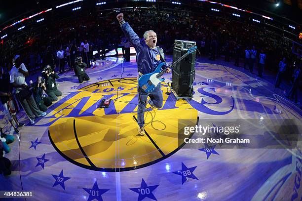 Recording artist Flea of the Red Hot Chili Peppers performs the National Anthem before a game between the Memphis Grizzlies and the Los Angeles...