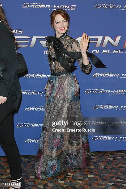 Actress Emma Stone attends the 'The Amazing Spider-Man 2: Rise Of Electro' premiere at The Space Moderno on April 14, 2014 in Rome, Italy.