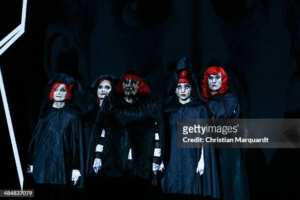 Margit Bendokat, Katharina Matz, Olivia Graser, Barbara Schnitzler and Helmut Mooshammer perform on stage during rehearsals for 'Der Besuch Der Alten...