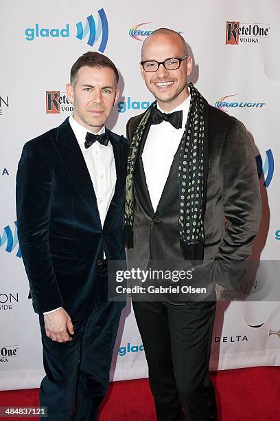 Bradley Bredeweg and Peter Paige arrive to the 25th Annual GLAAD Media Awards - Dinner and Show on April 12, 2014 in Los Angeles, California.