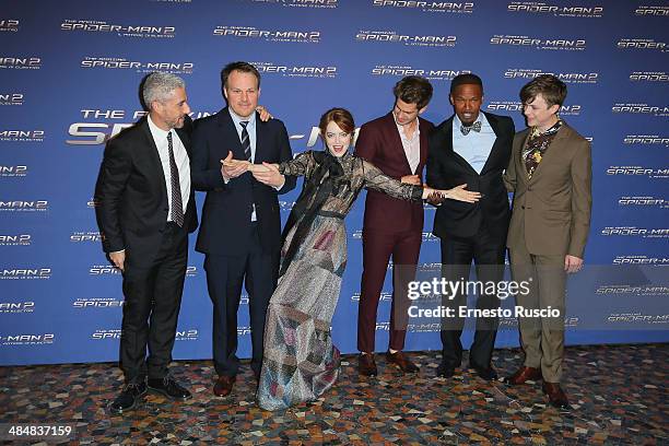 Matt Tolmach, Marc Webb, Emma Stone, Andrew Garfield, Jamie Foxx and Dane DeHaan attend the 'The Amazing Spider-Man 2: Rise Of Electro' premiere at...