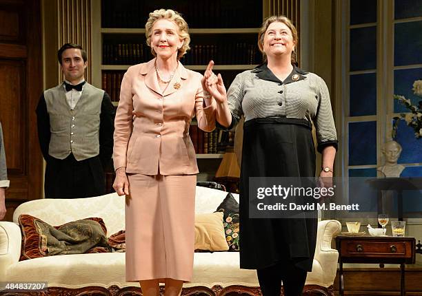 Cast members Patricia Hodge and Caroline Quentin bow at the curtain call during the press night performance of "Relative Values" at the Harold Pinter...