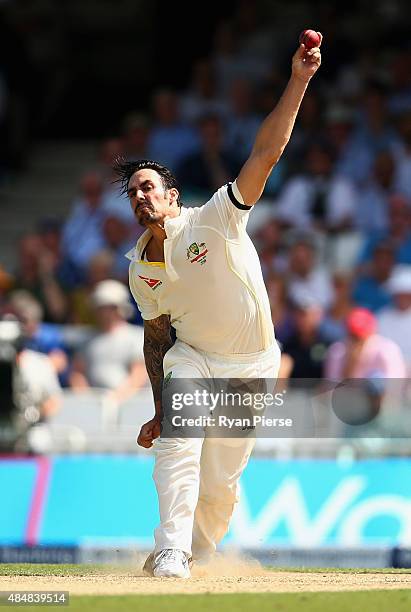 Mitchell Johnson of Australia bowls during day three of the 5th Investec Ashes Test match between England and Australia at The Kia Oval on August 22,...