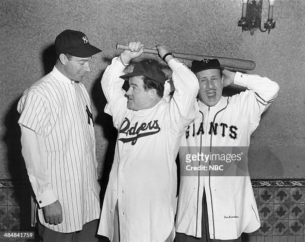 Pictured: Professional baseball player Joe DiMaggio, Lou Costello, William "Bud" Abbott --