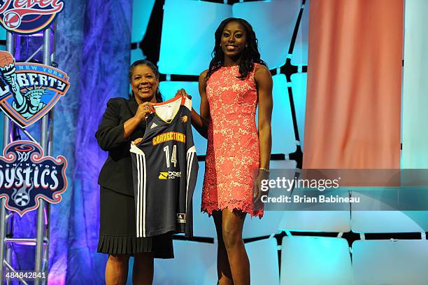 President Laurel Richie poses with Chiney Ogwumike after being drafted number one overall by the Connecticut Sun during the 2014 WNBA Draft Presented...