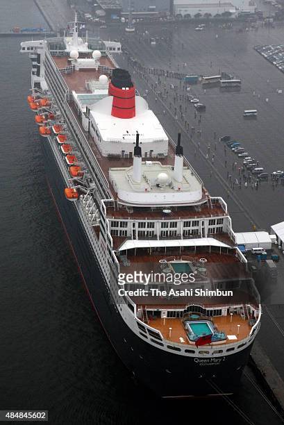 In this aerial image, cruiser Queen Mary II is seen at Daikoku Pier on March 6, 2009 in Yokohama, Kanagawa, Japan.