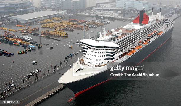 In this aerial image, cruiser Queen Mary II is seen at Daikoku Pier on March 6, 2009 in Yokohama, Kanagawa, Japan.