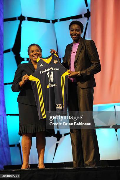 President Laurel Richie poses with Natasha Howard after being drafted number five overall by the Indiana Fever during the 2014 WNBA Draft Presented...