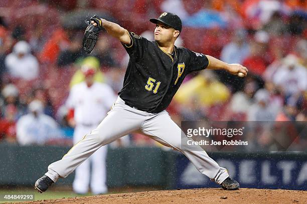 Wandy Rodriguez of the Pittsburgh Pirates pitches in the second inning of the game against the Cincinnati Reds at Great American Ball Park on April...