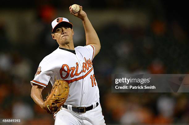 Starting pitcher Wei-Yin Chen of the Baltimore Orioles works the third inning against the Tampa Bay Rays at Oriole Park at Camden Yards on April 14,...