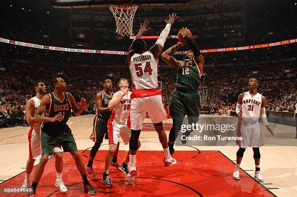 April 14: Jeff Adrien of the Milwaukee Bucks goes up for the shot against the Toronto Raptors during the game on April 14, 2014 at the Air Canada...