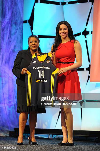 President Laurel Richie poses with Natalie Achonwa after being drafted number nine overall by the Indiana Fever during the 2014 WNBA Draft Presented...