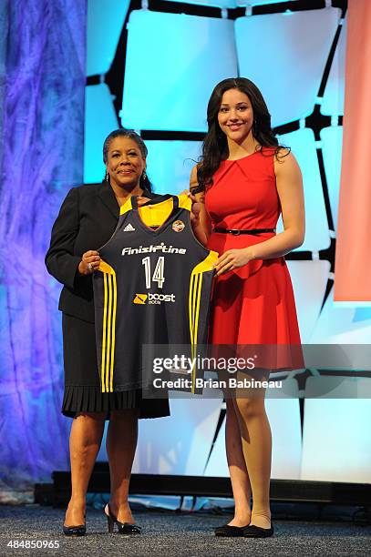 President Laurel Richie poses with Natalie Achonwa after being drafted number nine overall by the Indiana Fever during the 2014 WNBA Draft Presented...