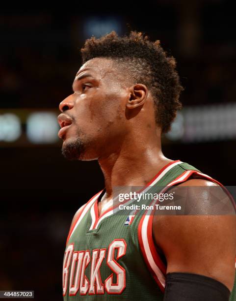 April 14: Jeff Adrien of the Milwaukee Bucks looks on against the Toronto Raptors during the game on April 14, 2014 at the Air Canada Centre in...