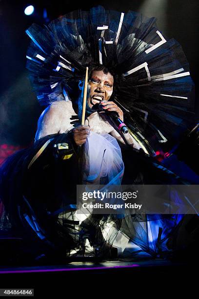 Grace Jones performs onstage during the Afropunk Fancy Ball at Commodore Barry Park on August 21, 2015 in Brooklyn, New York.