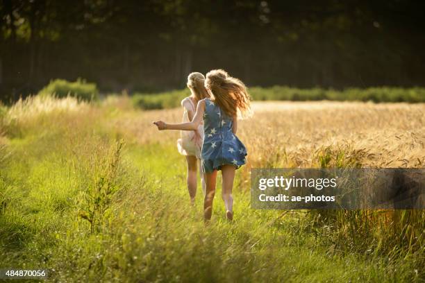 two teenage girls running on meadow at barley field - girl gold dress stock pictures, royalty-free photos & images