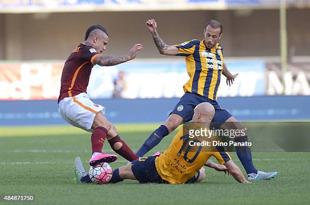 Radja Nainggolan of AS Roma battles for the ball with Emil Hallfredsson and Evangelos Moras of Hellas Verona during the Serie A match between Hellas...