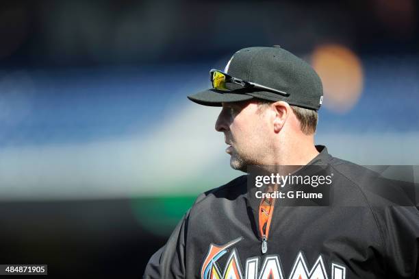 Manager Mike Redmond of the Miami Marlins walks on the field during the game against the Washington Nationals at Nationals Park on April 10, 2014 in...