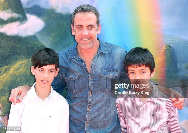 Actor Carlos Ponce and his sonss Giancarlo Ponce and Sebastian Ponce arrive at the Los Angeles Premiere of Disney's 'The Pirate Fairy" held on March...