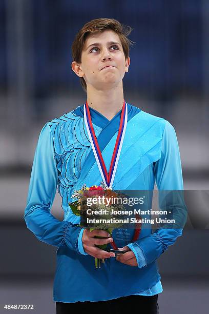 Roman Sadovsky of Canada looks on during the Men's Free Skating Program on Day Three of the ISU Junior Grand Prix of Figure Skating Medal Ceremony on...