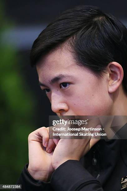 Vincent Zhou of the United States looks on after the Men's Free Skating Program on Day Three of the ISU Junior Grand Prix of Figure Skating on August...