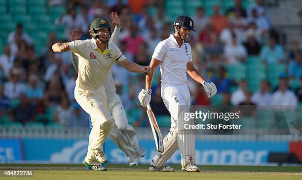 England batsman Alastair Cook is caught by Adam Voges for 85 runs during day three of the 5th Investec Ashes Test match between England and Australia...