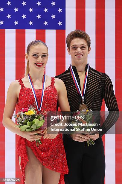 Rachel and Michael Parsons of the United States pose with the medals after the Ice Dance Medal Ceremony on August 22, 2015 in Bratislava, Slovakia.