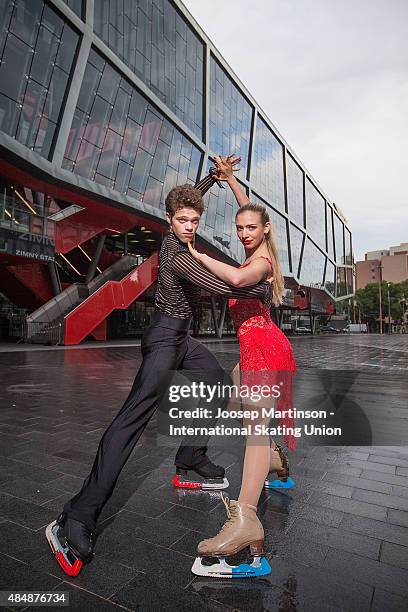 Rachel and Michael Parsons of the United States pose after the Ice Dance Medal Ceremony on August 22, 2015 in Bratislava, Slovakia.