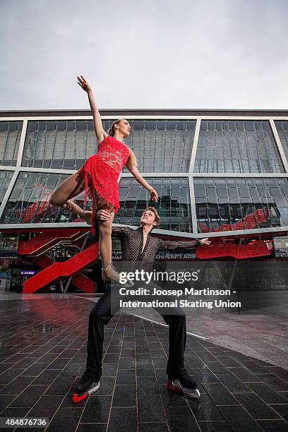 Rachel and Michael Parsons of the United States pose after the Ice Dance Medal Ceremony on August 22, 2015 in Bratislava, Slovakia.