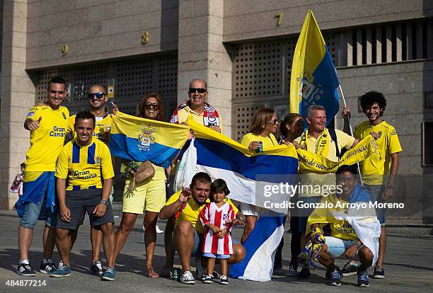 Las Palmas fans pose for a picture before the La Liga match between Club Atletico de Madrid and UD Las Palmas at Vicente Calderon Stadium outdoors on...