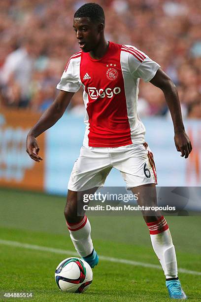 Riechedly Bazoer of Ajax in action during the UEFA Europa League play off round 1st leg match between Ajax Amsterdam and FK Baumit Jablonec on August...