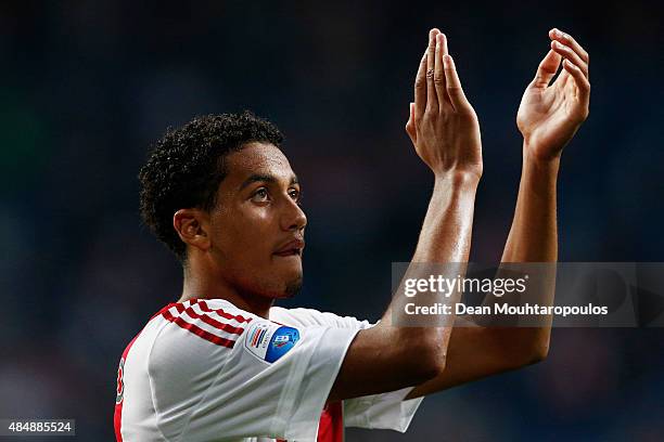 Jairo Riedewald of Ajax applaudes the fans after victory in the UEFA Europa League play off round 1st leg match between Ajax Amsterdam and FK Baumit...