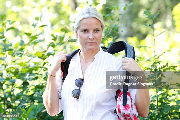 Crown Princess Mette-Marit of Norway takes part in Climate Pilgrimage on August 22, 2015 in Halden, Norway.