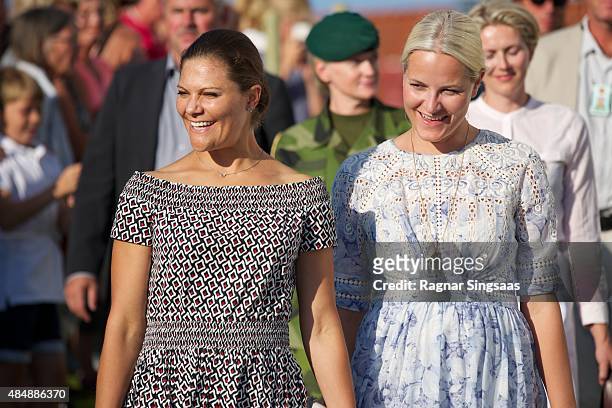 Crown Princess Victoria of Sweden and Crown Princess Mette-Marit of Norway take part in Climate Pilgrimage on August 22, 2015 in Stromstad, Sweden.