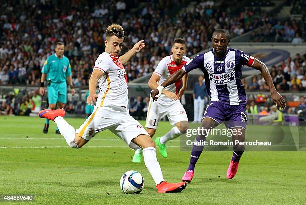 Stephan El Shaarawy and Jean Daniel Akpa Akpro during the French Ligue 1 match between Toulouse FC and AS Monaco at Stadium Municipal on August 22,...
