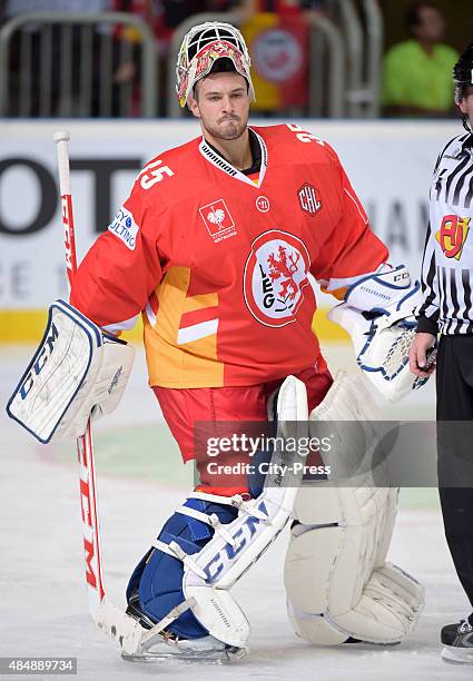 Mathias Niederberger of the Duesseldorfer EG during the game between Duesseldorfer EG and Black Wings Linz on August 22, 2015 in Duesseldorf, Germany.