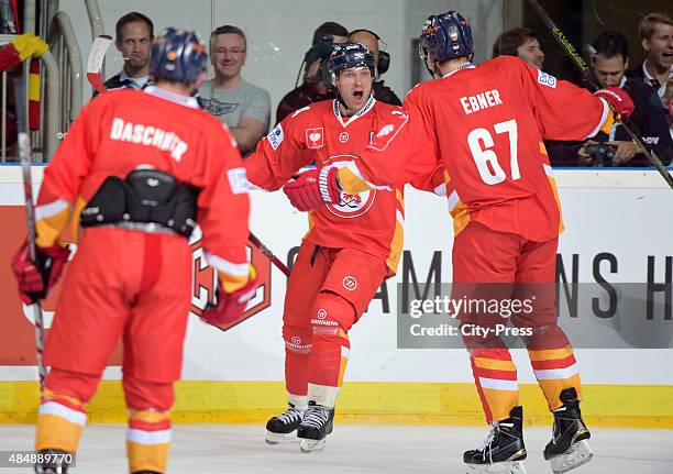 Norm Milley and Bernhard Ebner of the Duesseldorfer EG celebrate after scoring the 4:2 during the game between Duesseldorfer EG and Black Wings Linz...