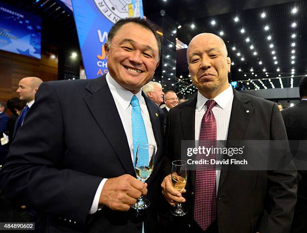 Olympic and World champion and judo legend, Yasuhiro Yamashita poses with Hirofumi Otsuji, Kodokan manager for International Affairs, during the 2015...