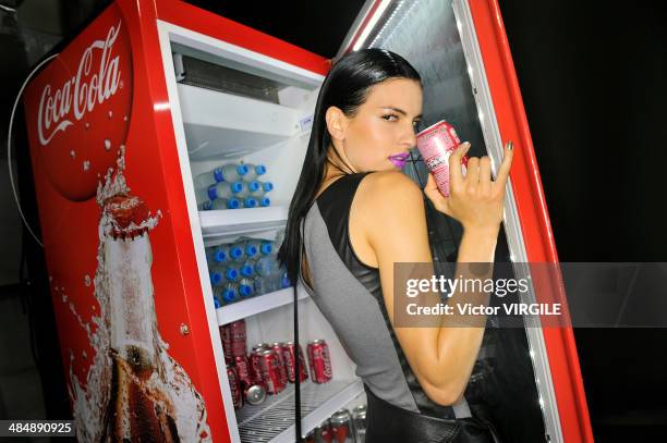 Model walks the runway during the Coca Cola Clothing Fashion show at Rio de Janeiro Fashion Week Spring Summer 2014/2015 on April 9, 2014 in Rio de...