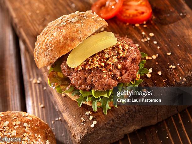 hamburger with micro greens and grainy mustard - dijon mustard stock pictures, royalty-free photos & images
