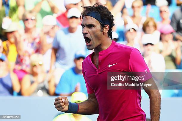 Roger Federer of Switzerland celebrates after defeating Andy Murray of Great Britain in the semifinal round on Day 8 of the Western & Southern Open...