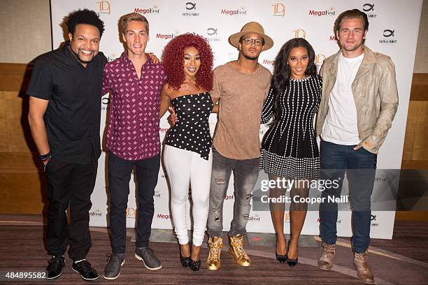 Jawn Murray, Austin North, Porscha Coleman, Romeo Miller, Angela Simmons and Luke Benward pose before the MegaFest Millennial Panel at The Omni Hotel...