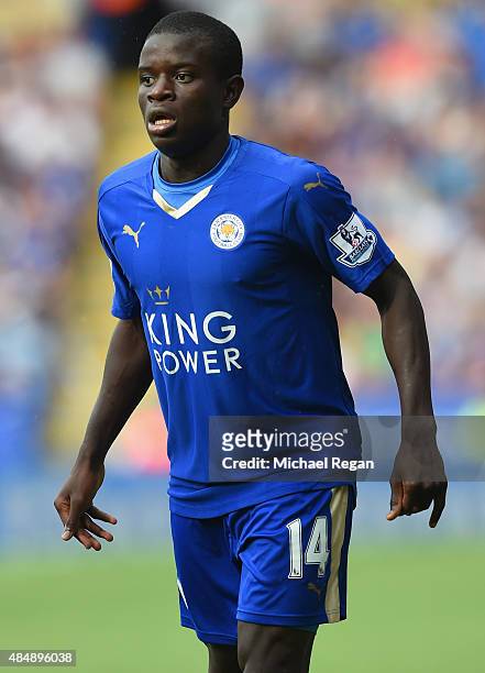 Golo Kante of Leicester looks on during the Barclays Premier League match between Leicester City and Tottenham Hotspur on August 22, 2015 in...