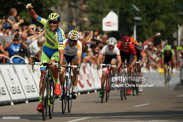 Roman Kreuziger of Czech Republic riding for Tinkoff-Saxo crosses the finish line to win stage six from Loveland to Fort Collins of the 2015 USA Pro...