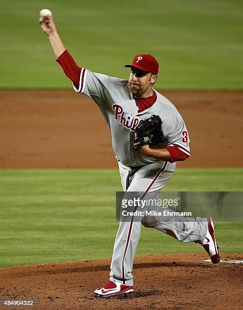 Aaron Harang of the Philadelphia Phillies pitches during a game against the Miami Marlins at Marlins Park on August 22, 2015 in Miami, Florida.