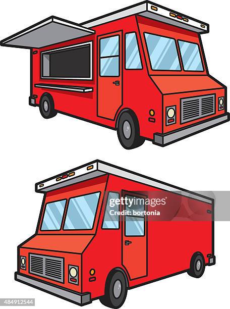 food truck: both sides, full color icons - restaurant window outside stock illustrations