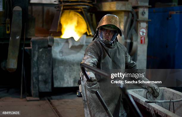 Molten copper is cast into copper anodes in the foundry of Aurubis AG on February 7, 2014 in Luenen, Germany. Aurubis is Germany's biggest recycler...