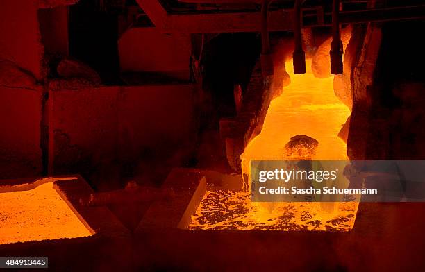 Molten copper is cast into copper anodes in the foundry of Aurubis AG on on February 7, 2014 in Luenen, Germany. Aurubis is Germany's biggest...
