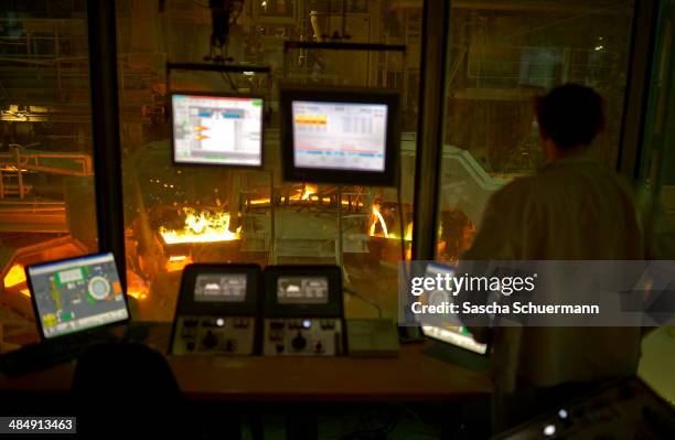 Molten copper is cast into copper anodes in the foundry of Aurubis AG on February 7, 2014 in Luenen, Germany. Aurubis is Germany's biggest recycler...